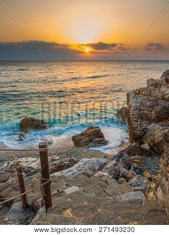 Piso Livadi beach on Paros Greece island at sunrise