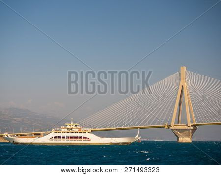  one of the longest cable - stayed bridges of the world, crosses the Gulf of Corinth and linking the Peloponnese with the mainland Greece
