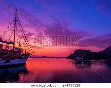 Sailboat at Sunrise on the bay of Nidri in Lefkas island Greece