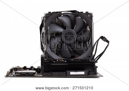Gaming Pc Mainboard - Motherboard With Installed Cpu And Cooler With Heat-pipes And Ventilator Fan F