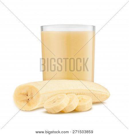 Fresh Banana Shake In A Glass And Banana Pieces Isolated On White Background