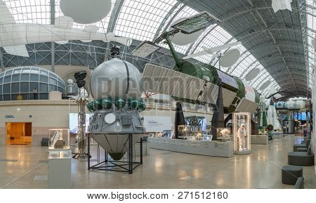 Moscow, Russia - November 28, 2018: Interior of the Space pavilion at VDNH