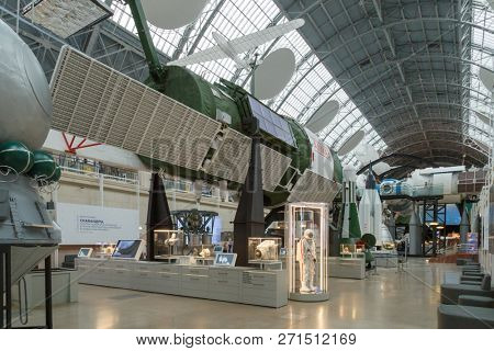 Moscow, Russia - November 28, 2018: Interior of the Space pavilion at VDNH