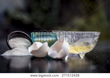 Close Up Of One Of The Anti Aging Treatment Or Face Pack I.e. Raw Rice Flour With Some Egg White Wel