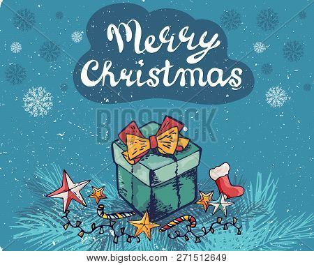 New Year 2019 Greeting Card Decorate Gift Box, Branch Star , Sock, Snowfakes. Vector Illustration. L