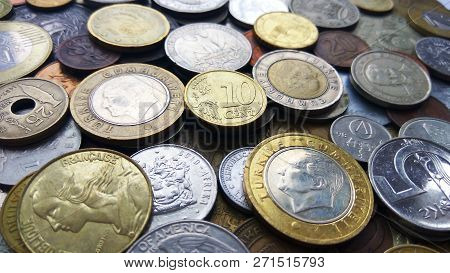 Close Up Top View Image Of Large Amount Of Old Money Coins Of Different Countries And Times Backgrou
