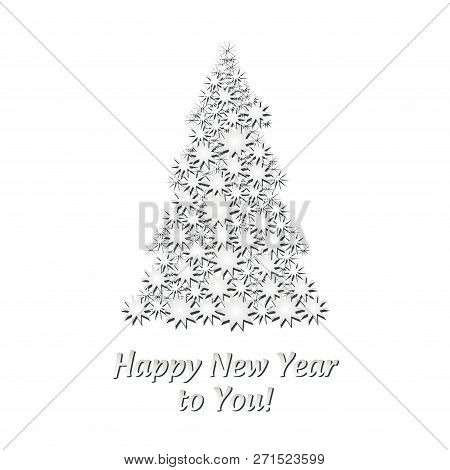 Christmas Catd With White Firtree Made From Stars On White Background, Vector Illustration