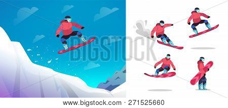 Snowboarder Jumps From A Springboard. A Snowboard Athlete Performs A Trick. 

Character Set Snowboar