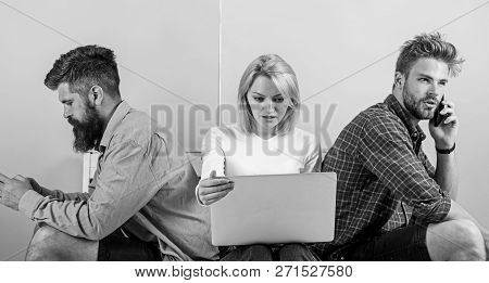 Gadget Addiction. Modern People Mobile Gadgets Laptop. Modern Technology. Men And Woman Networking B