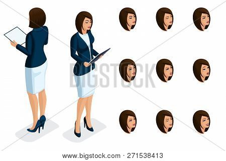 Quality Isometry, A 3d Business Lady, In Strict Stylish Clothes With A Folder In Her Hands. Characte