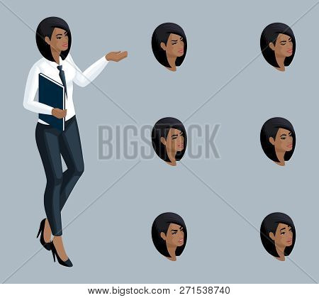 Quality Isometry, 3d Business Lady, African American Girl. Character, A Girl With A Set Of Emotions 