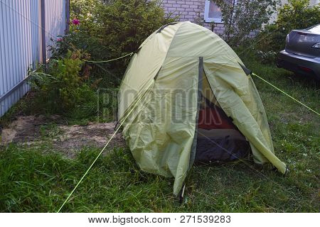Greent Tourist Tents In Forest At Campsite