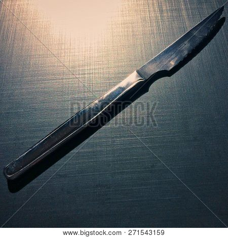 Full Metal Table Knife On A Dark Background, Table Knife, Cutlery, Dark Background, Metallic Materia