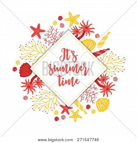 Summer Greeting Card With Starfish, Seaweed, Polyp, Coral, Shell And Rhombus Label On White Backgrou