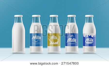 Set Of Realistic Transparent Clear Milk Bottles With Labels