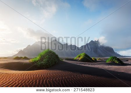 Incredible view of the famous Stokksnes mountains on Vestrahorn cape, Iceland