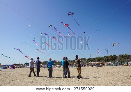 Cervia, Italy, April 2018: Many Colorful Kites In Different Shapes At Cervia International Kite Fest