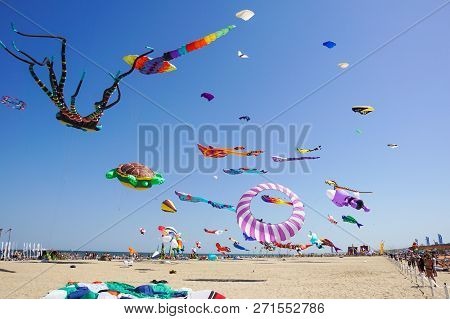 Cervia, Italy - May 1: Sky Full Of Kites For International Kite Festival On May 1, 2017 In Cervia, I
