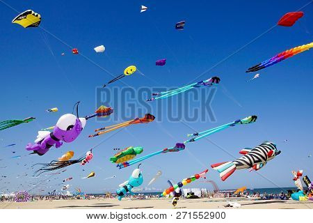 Cervia, Italy - May 1: Sky Full Of Kites For International Kite Festival On May 1, 2017 In Cervia, I