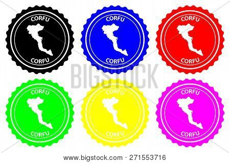 Corfu - Rubber Stamp - Vector, Corfu (kerkyra) Map Pattern - Sticker - Black, Blue, Green, Yellow, P