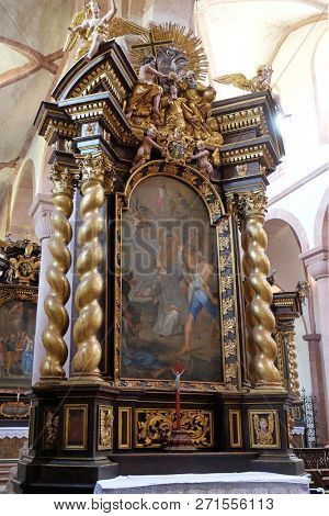 BRONNBACH, GERMANY - JULY 07, 2018: Altar stoning of St. Stephen Protomartyr in Cistercian Abbey of Bronbach in Reicholzheim near Wertheim, Germany