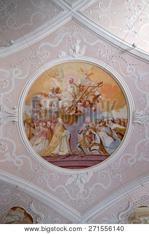 BRONNBACH, GERMANY - JULY 07, 2018: Ceiling frescoes with scenes from the life of St. Bernard of Clairvaux by Johann Adam Remele in Bernard Hall, Cistercian Abbey of Bronbach in Reicholzheim, Germany