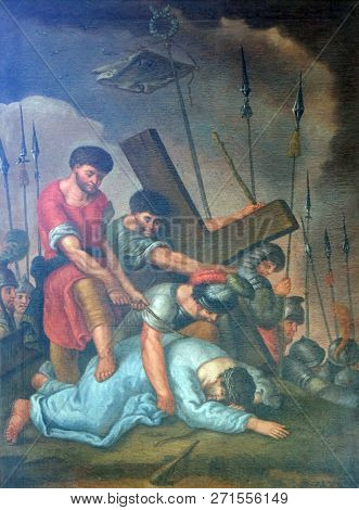 RETZBACH, GERMANY - JULY 04, 2018: 9th Stations of the Cross, Jesus falls the third time, Maria im Grunen Tal pilgrimage church in Retzbach in the Bavarian district of Main-Spessart, Germany