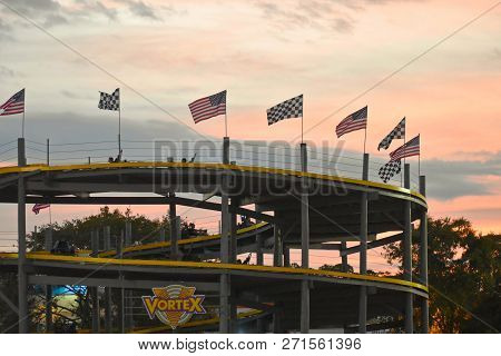 Orlando, Florida.  November 19, 2018 . Track With Double-seat Go-karts On Colorful Sunset Background