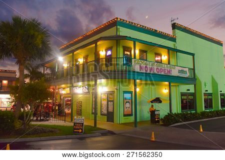 Orlando, Florida.  November, 2018. Colorful Sport Bar With Valet Parking At Old Town Kissimmee.