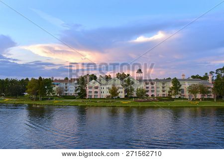 Orlando, Florida. November 15, 2018 Colorful Victorian Style Hotel On Beautiful Cloudy Sunset Backgr