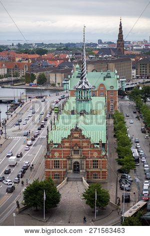 Copenhagen, Denmark - July 1, 2017: Aerial View Of The Old Stock Exchange Building Called Borsen