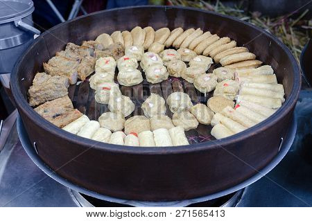 Satay Celup Or Lok Lok - Traditional Malaysian Meal. Cooking Process, Steamed Round Wooden Bowl. Foo