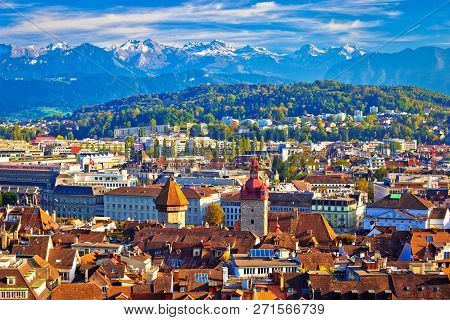 Idyllic Luzern Rooftops And Apline Peaks Background View, Central Switzerland