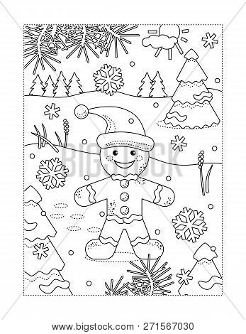 Winter Holidays Joy Themed Coloring Page With Happy Cheerful Ginger Man Walking Outdoor