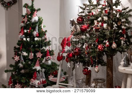Christmas Decoration On A Desk At A Christmas Market. Merry Christmas, Wooden Decotration;