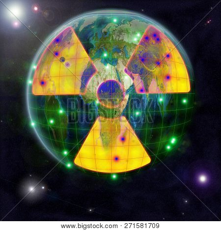 Radiation Pollution Of The Globe. A Yellow Sign Of Radioactive Danger With Epicenters Of Radioactive