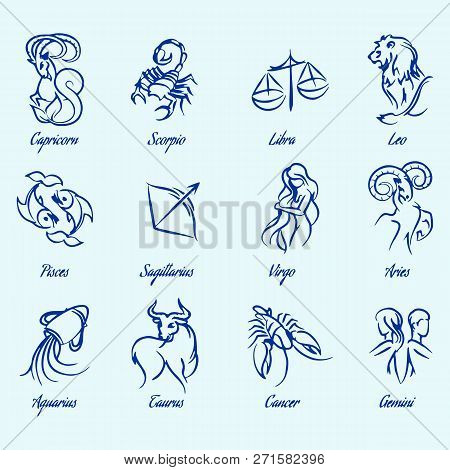 Set Of Hand Drawn Astrological Zodiac Symbols Or Horoscope Signs. Lion And Cancer, Fish And And  Vec