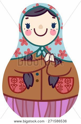Vector Cartoon Cute Matryoshka Doll In Floral Scarf Smiling