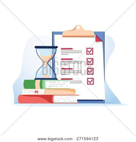 Exam Preparation School Test. Examination Concept Checklist And Hourglass, Choosing Answer Questionn