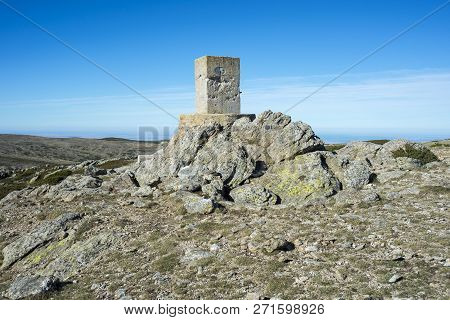 Triangulation Pillar In The Pico Del Nevero (snowfield Peak; 2.209 Metres) In Guadarrama Mountains N