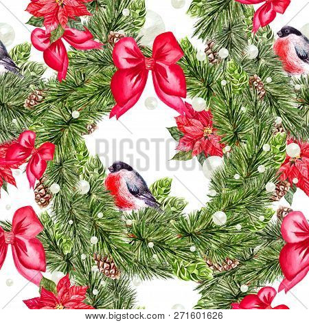 Beautiful Watercolor Christmas Pattern With Bullfinch Birds, Pine Cones And Christmas Tree. Illustra