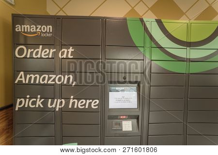 Close-up Of Amazon Locker Self-service Parcel Delivery, Pickup At Whole Foods Store