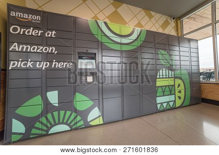Side View Of Amazon Locker Self-service Parcel Delivery, Pickup At Whole Foods Store