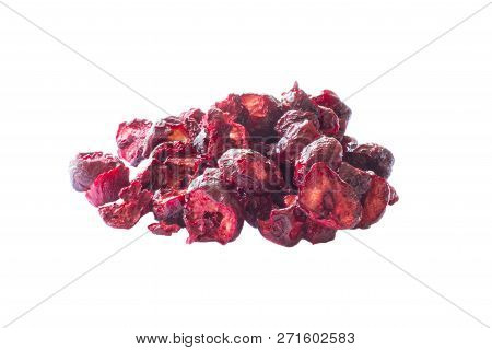 Freeze Dried And Fresh Cherry On A White Background. Isolated. Lyophilization. Food For Astronauts