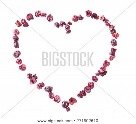 Freeze Dried Cherry On A White Background In The Form Of Heart. Lyophilization. Food For Astronauts.