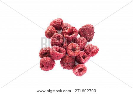 Freeze Dried Raspberries On A White Background. Lyophilization. Food For Astronauts. Isolated