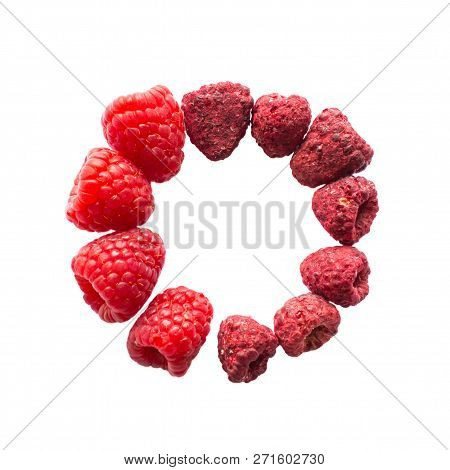 Freeze Dried And Fresh Raspberry On A White Background In The Circle. Lyophilization. Food For Astro