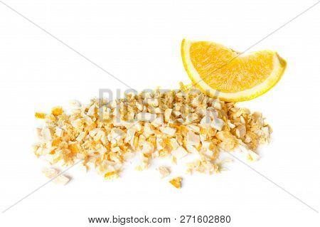 Freeze Dried And Fresh Orange On A White Background. Isolated. Lyophilization. Food For Astronauts