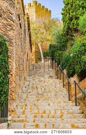 Stairs To The Castell De Capdepera, Medieval Fortification Monument On Majorca, Spain