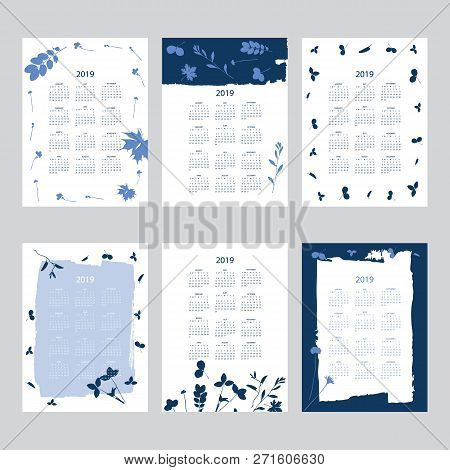 Vector Of 2019 New Year Calendar With Plants On Cyanotype Texture. Holiday Event Planner. Week Start